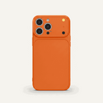Apple iPhone case in vivid orange with a smooth, textured finish and raised protective camera lens guard