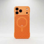 Apple iPhone cooling case in orange with a raised honeycomb-textured back and prominent triple-camera cutouts
