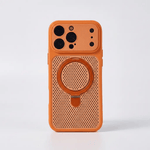 Apple iPhone case in orange with a perforated cooling mesh back, raised camera bezel, and circular foldable kickstand