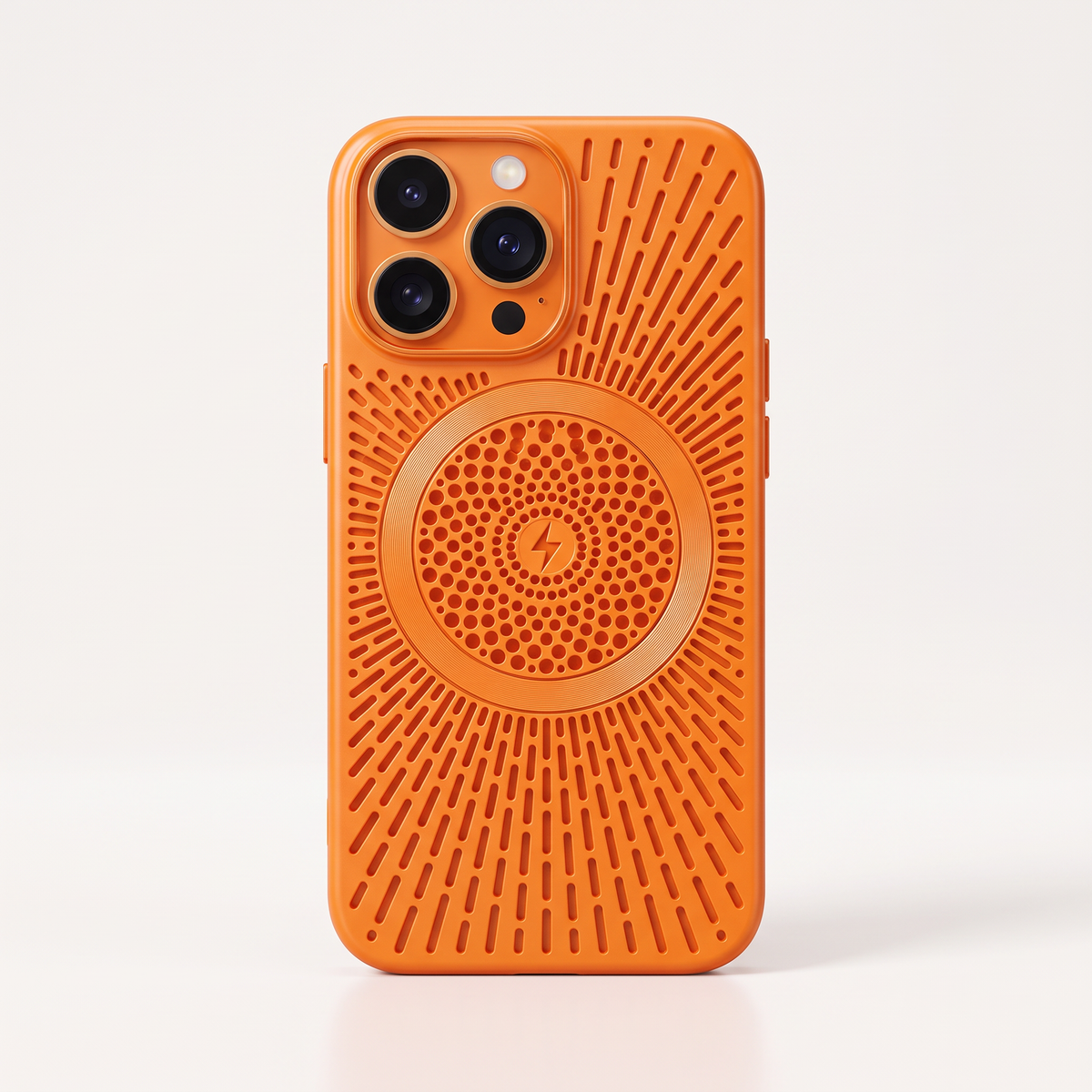 Apple iPhone case in orange with a textured finish, radiating ventilation slots, and a circular magnetic grid design