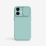 Apple iPhone case in pale aqua silicone with a smooth finish and ribbed sliding camera lens protector