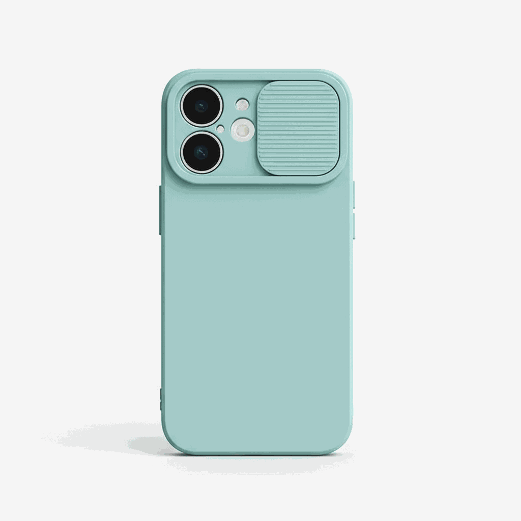 Apple iPhone case in pale aqua silicone with a smooth finish and ribbed sliding camera lens protector