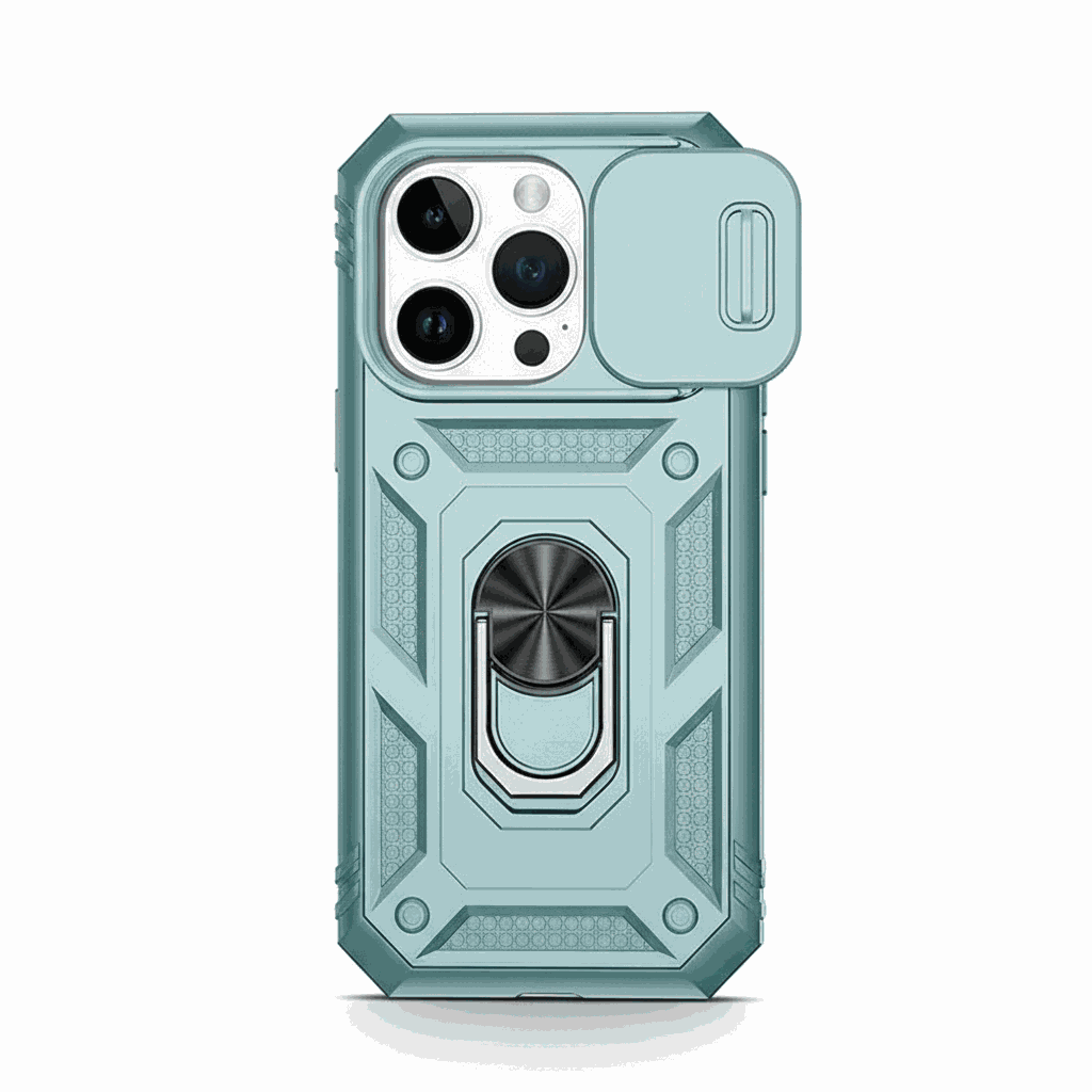 Apple iPhone rugged case in pale blue with a textured shockproof shell, camera cover and central metal ring stand