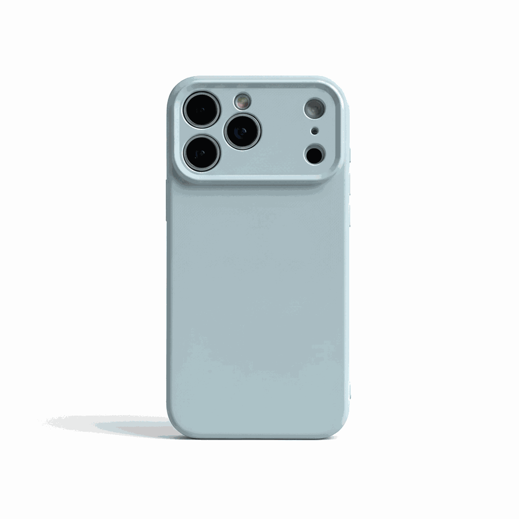 Apple iPhone silicone case in pale blue with a smooth finish, raised camera rim and precise lens cutouts