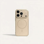 Apple iPhone case in pale gold with a frosted back, raised camera surround and visible MagSafe ring