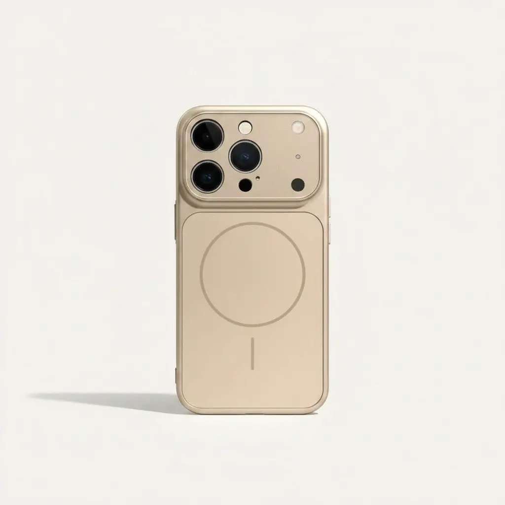 Apple iPhone case in pale gold with a frosted back, raised camera surround and visible MagSafe ring