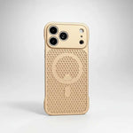 Apple iPhone case in pale gold with a raised honeycomb-textured back and circular cooling detail