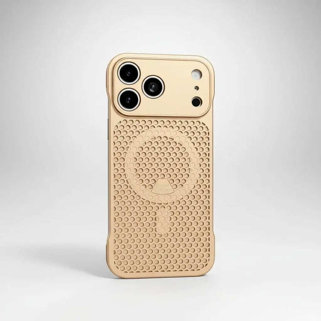 Apple iPhone case in pale gold with a raised honeycomb-textured back and circular cooling detail