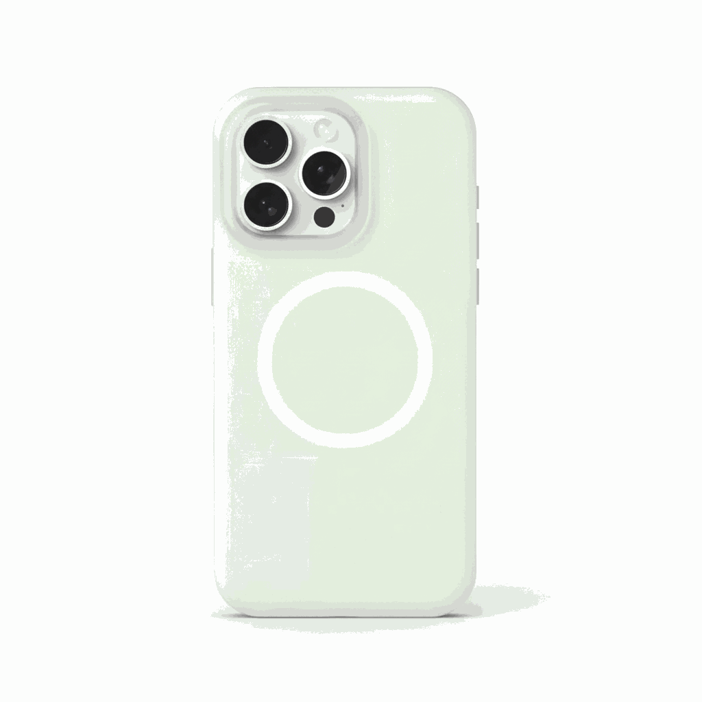 Apple iPhone case in pale mint green with a smooth translucent finish and a white MagSafe ring