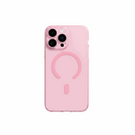 Apple iPhone with a pale pink frosted case, translucent edges and a matching MagSafe ring and alignment bar