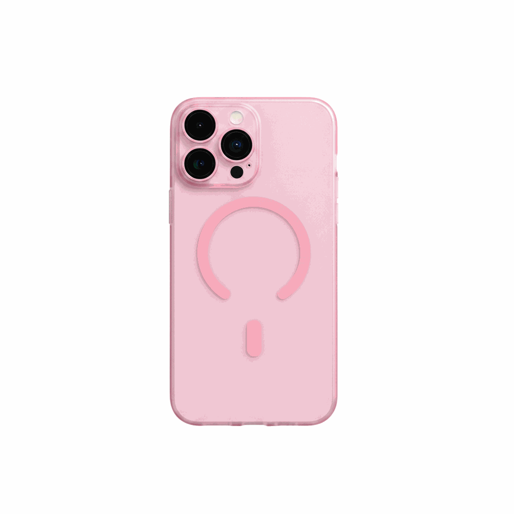 Apple iPhone with a pale pink frosted case, translucent edges and a matching MagSafe ring and alignment bar