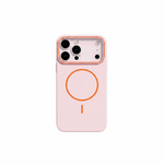 Apple iPhone case in pale pink matte finish with orange-accented camera surround and MagSafe ring