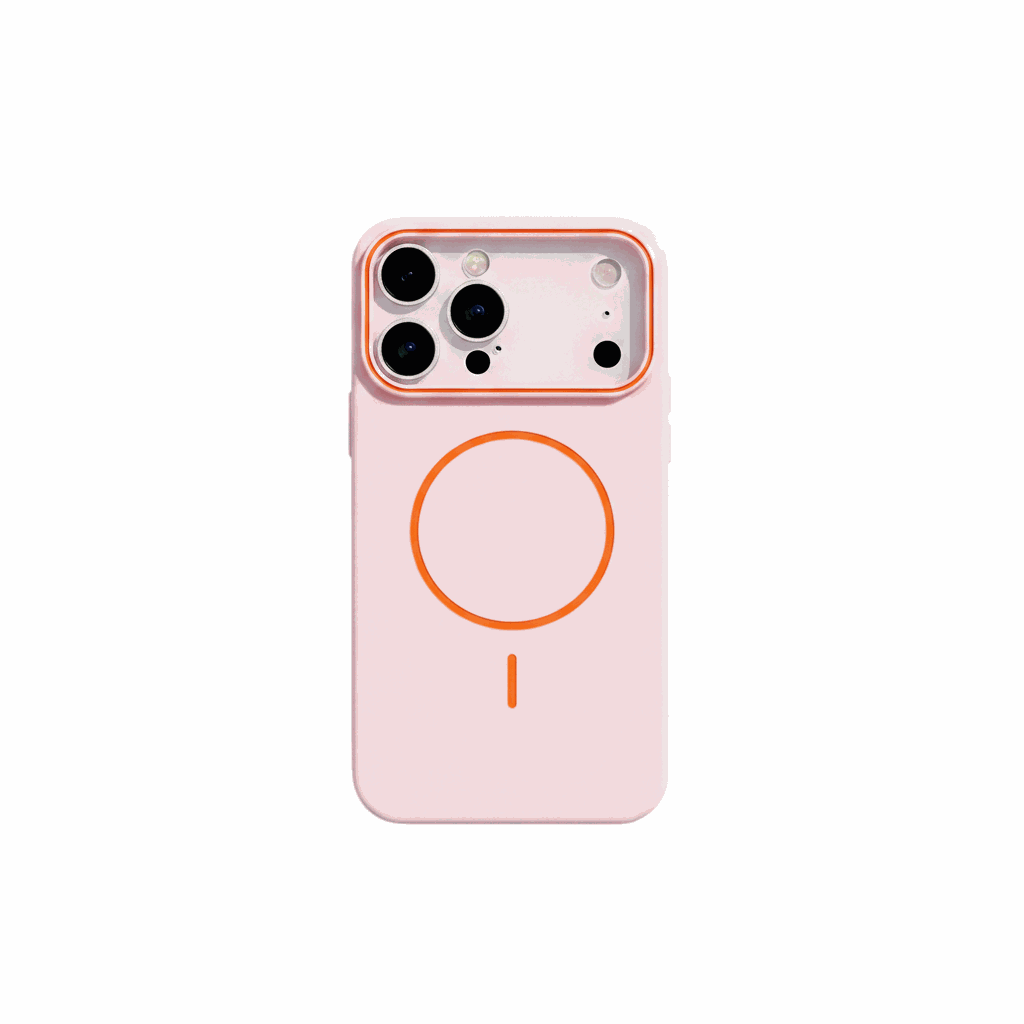Apple iPhone case in pale pink matte finish with orange-accented camera surround and MagSafe ring