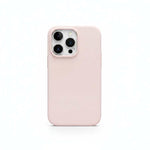 Apple iPhone case in pale pink silicone with a smooth finish, raised camera surround and precise lens cutouts