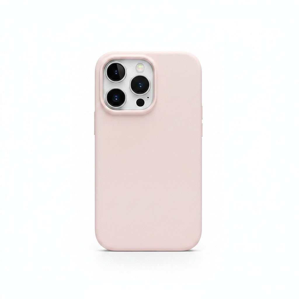 Apple iPhone case in pale pink silicone with a smooth finish, raised camera surround and precise lens cutouts