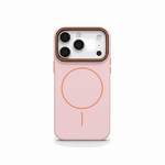 Apple iPhone case in pale pink textured material with an orange MagSafe ring and raised camera border