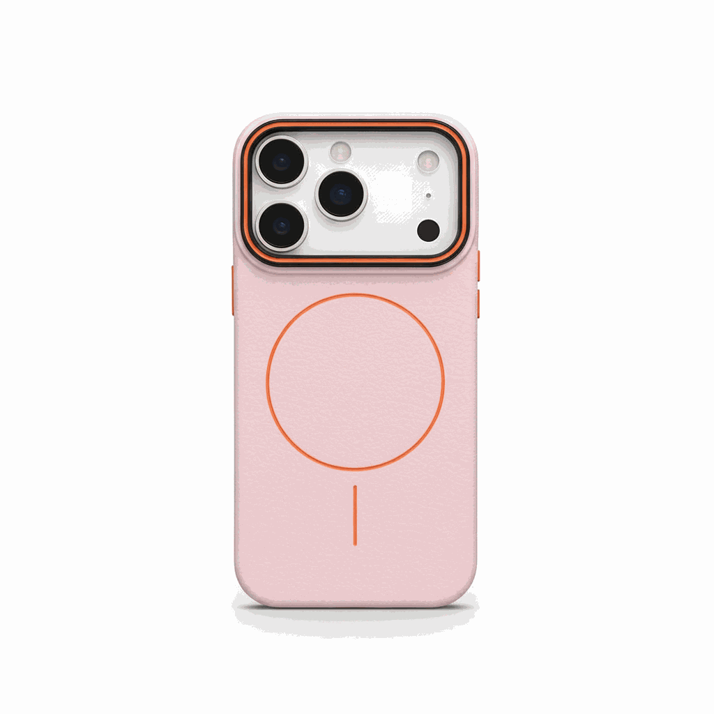 Apple iPhone case in pale pink textured material with an orange MagSafe ring and raised camera border