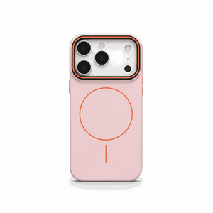 Apple iPhone case in pale pink textured material with an orange MagSafe ring and raised camera border
