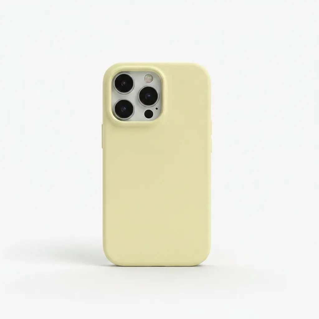 Apple iPhone case in pale yellow liquid silicone with a smooth matte finish and raised camera-lens surround
