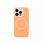 Apple iPhone case in soft peach-orange with a smooth finish, raised camera surround and visible MagSafe ring