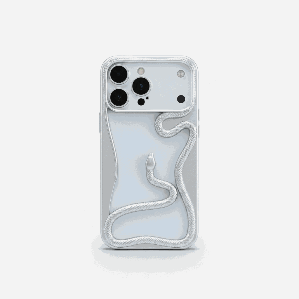 Apple iPhone case in pearly silver with a matte finish and raised 3D snake design wrapping around the back