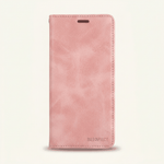 Apple iPhone folio wallet case in blush pink brushed leather with stitched edges and a narrow earpiece opening