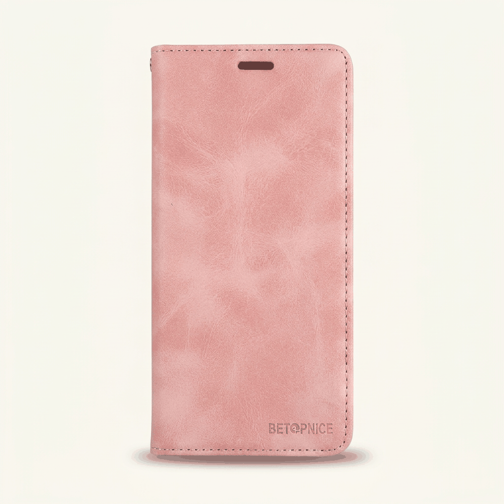 Apple iPhone folio wallet case in blush pink brushed leather with stitched edges and a narrow earpiece opening