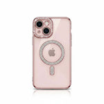 Apple iPhone case in pale pink with a clear crystal finish, jeweled camera surround and MagSafe ring