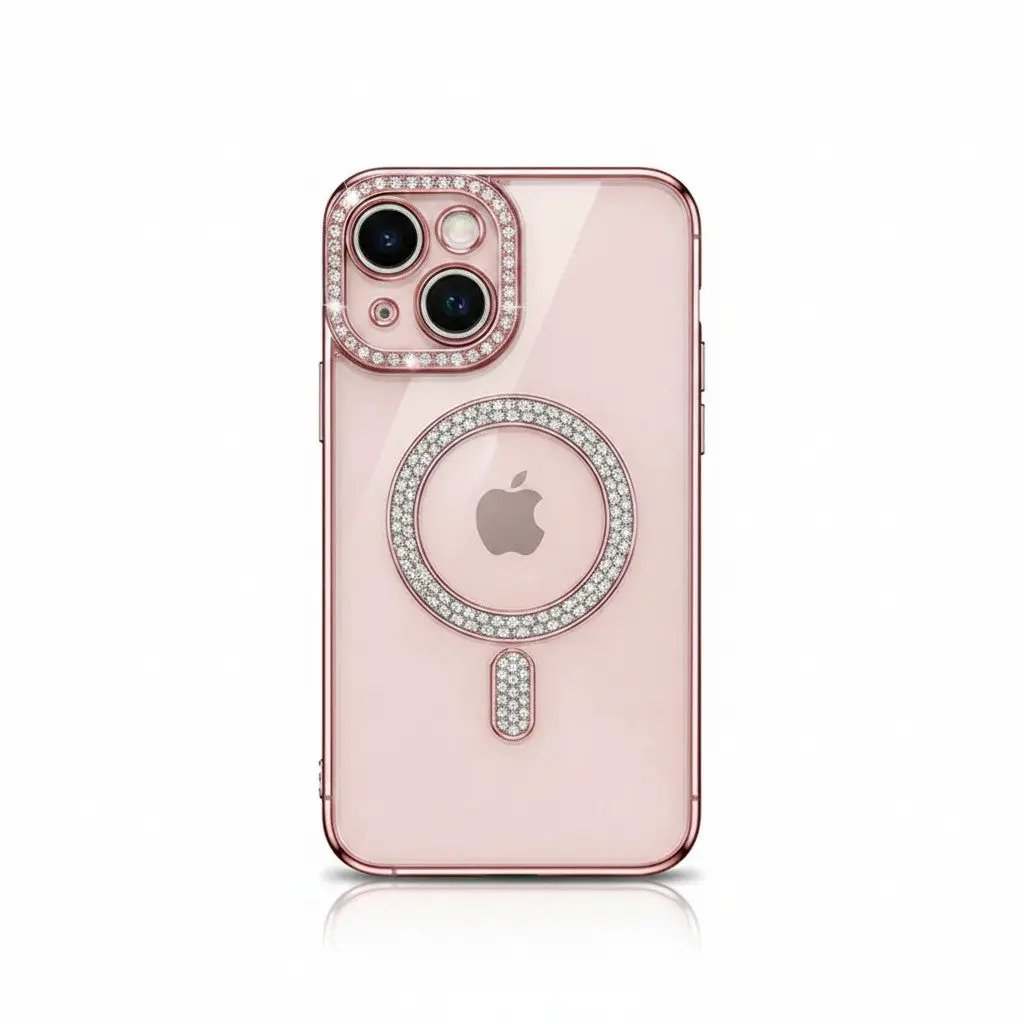 Apple iPhone case in pale pink with a clear crystal finish, jeweled camera surround and MagSafe ring