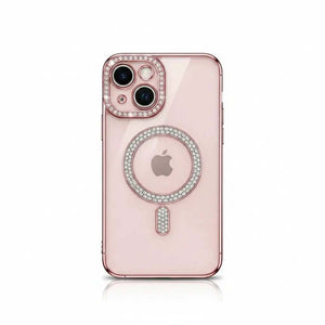 Apple iPhone case in pale pink with a clear crystal finish, jeweled camera surround and MagSafe ring