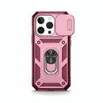 Apple iPhone case in pink rugged textured material with a sliding camera cover and integrated circular ring stand