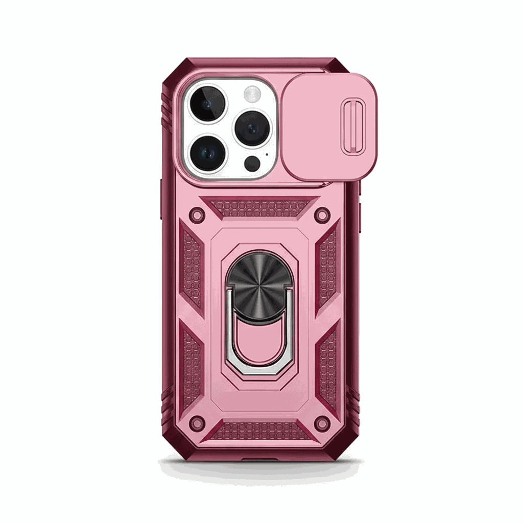 Apple iPhone case in pink rugged textured material with a sliding camera cover and integrated circular ring stand