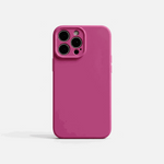 Apple iPhone silicone case in bright pink with a smooth finish and raised camera cutout for three lenses