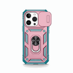 Apple iPhone rugged case in pink and teal with a textured shockproof shell and raised camera cover