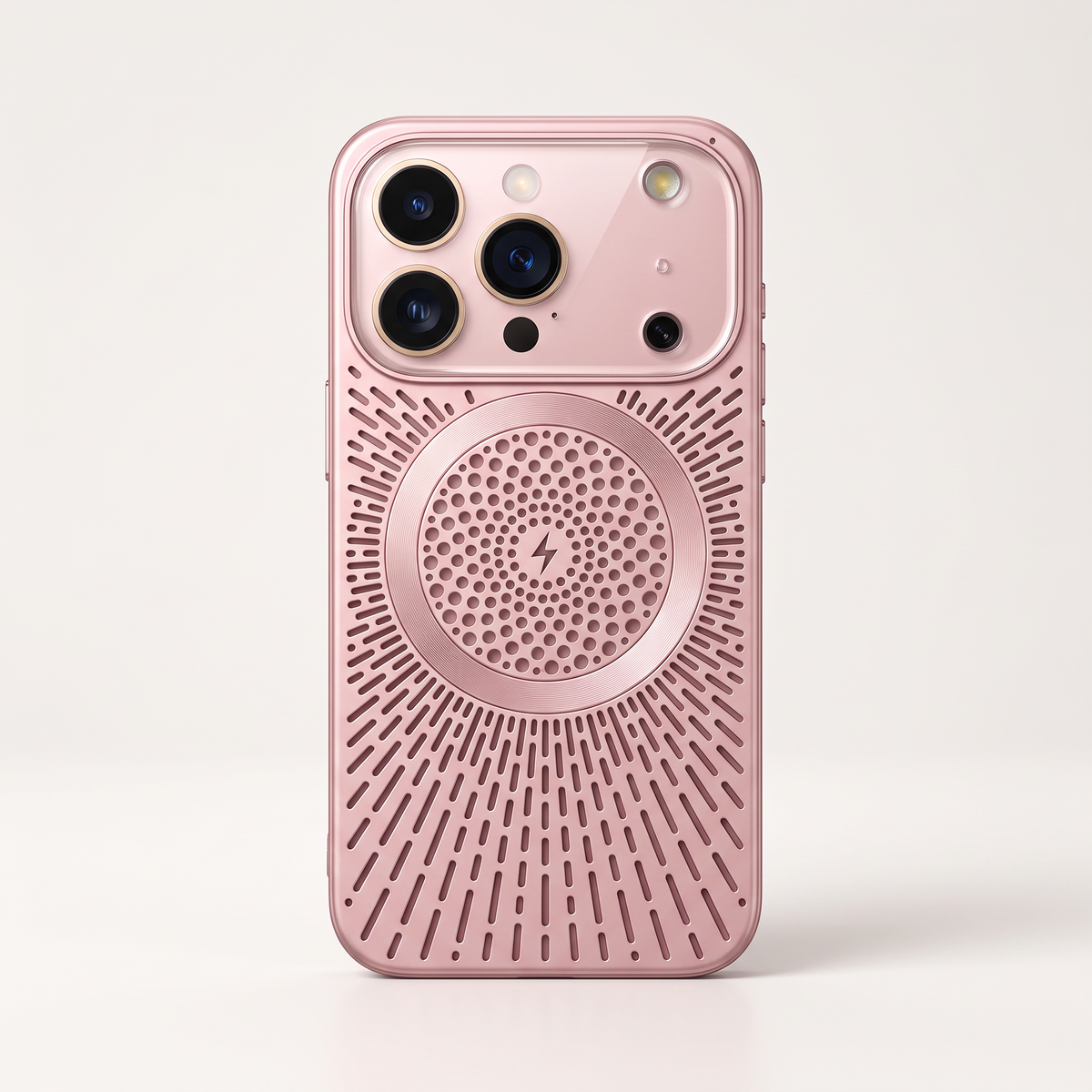 Apple iPhone case in pink with a textured finish, radiating ventilation slots, and a circular magnetic grid design
