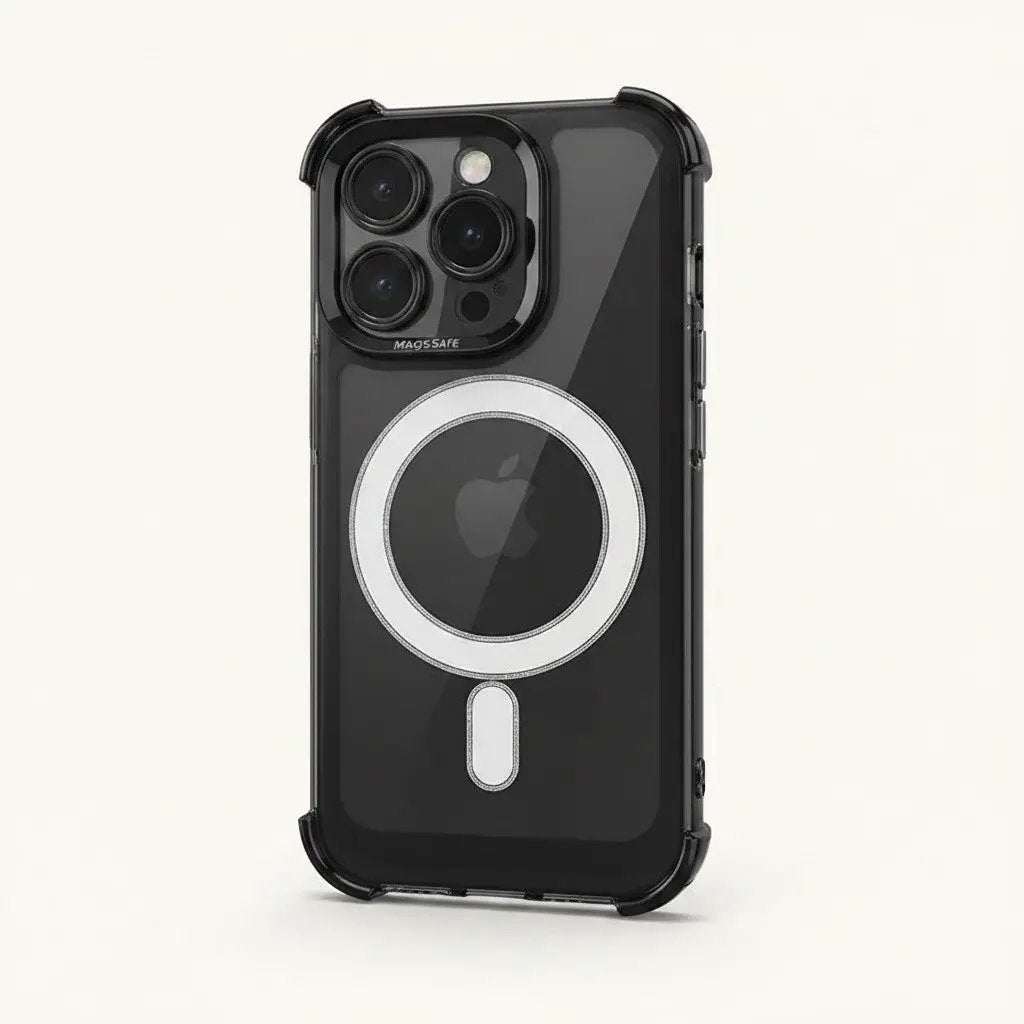 Apple iPhone - Premium MagSafe Clear Case with a dark translucent shell, black reinforced bumper, and silver magnetic ring