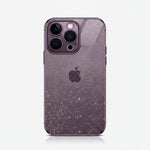 Apple iPhone case in translucent purple with fine glitter, glossy electroplated edges, and a raised camera surround