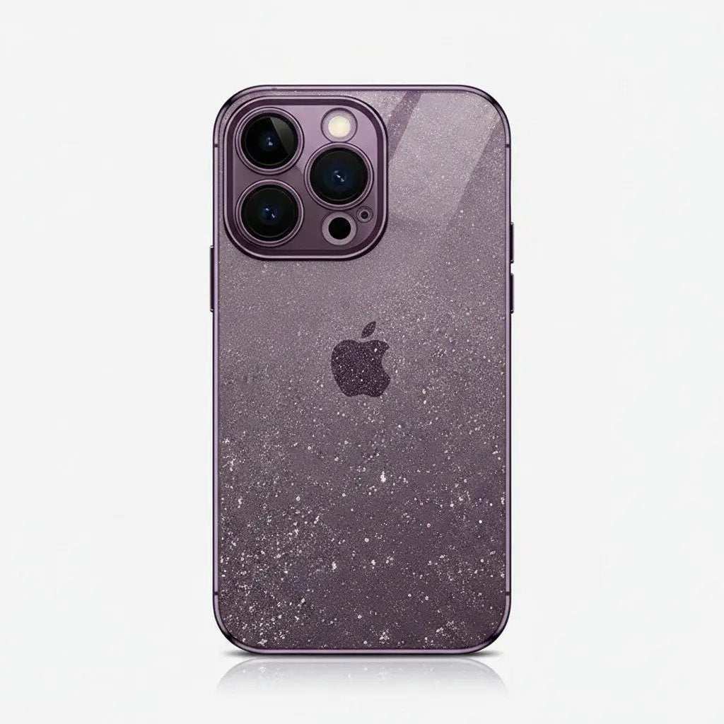 Apple iPhone case in translucent purple with fine glitter, glossy electroplated edges, and a raised camera surround