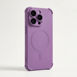 Apple iPhone case in purple matte material with a smooth back, raised camera cutouts, and a circular MagSafe ring