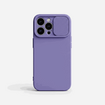 Apple iPhone case in purple soft-touch silicone with a smooth finish and textured sliding camera lens protector