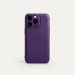 Apple iPhone leather case in textured purple with stitched edges and a raised camera surround