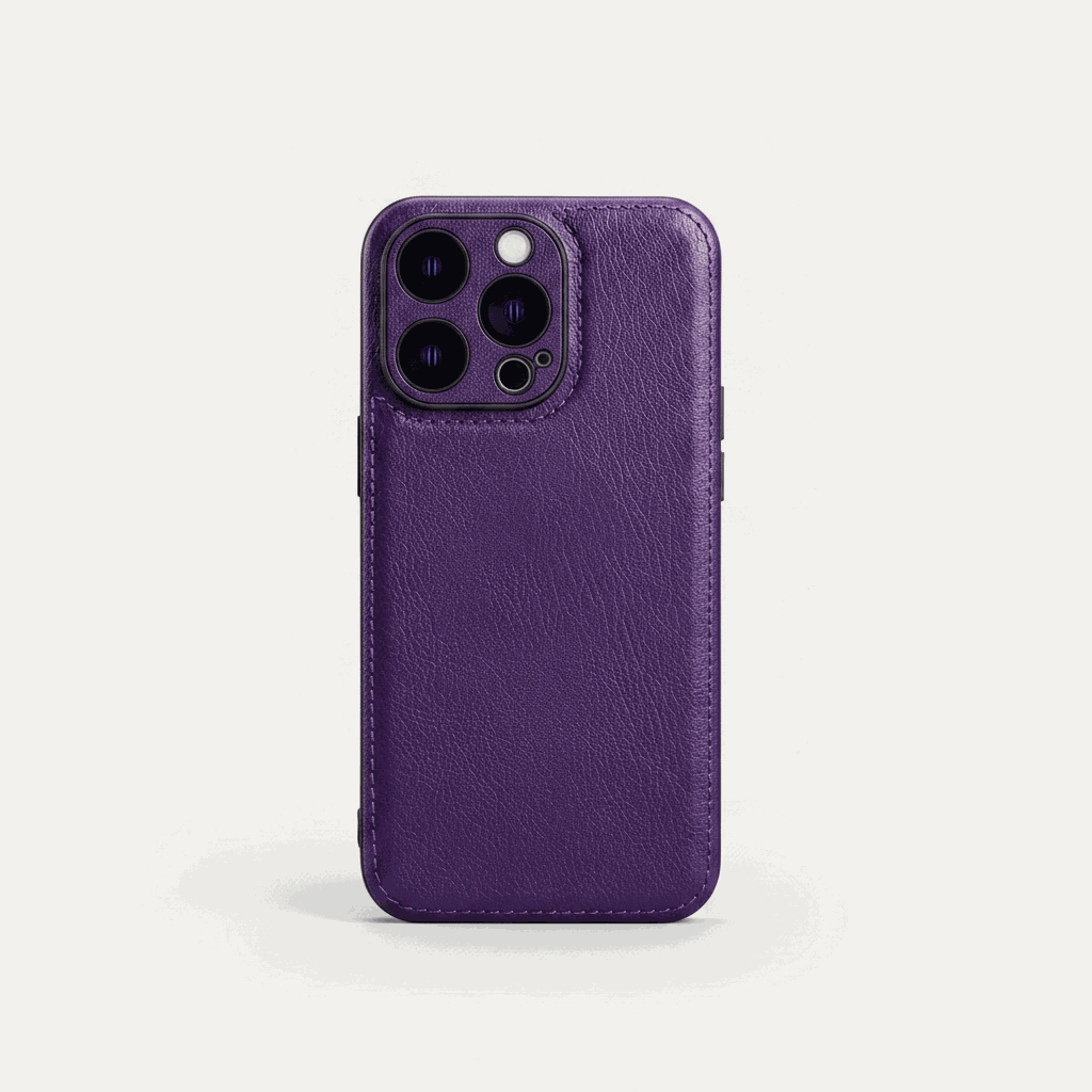 Apple iPhone leather case in textured purple with stitched edges and a raised camera surround