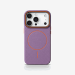 Apple iPhone case in textured purple with orange trim, a circular MagSafe ring, and a raised camera surround