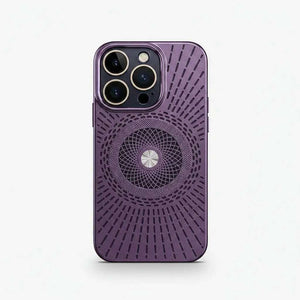 Apple iPhone case in purple with a textured finish, radiating ventilation slots, and a circular magnetic grid design