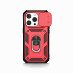 Apple iPhone in a red and black rugged shockproof case with a built-in rotating ring stand and camera cover