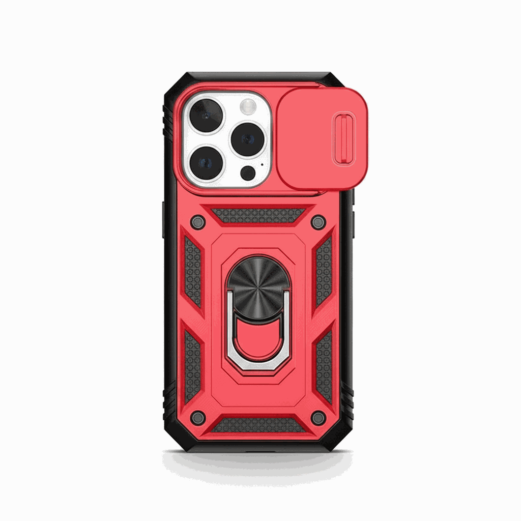 Apple iPhone in a red and black rugged shockproof case with a built-in rotating ring stand and camera cover
