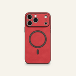 Apple iPhone case in textured red leather with a black-edged camera surround and circular MagSafe ring