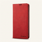 Apple iPhone red leather wallet case with a stitched flip cover, speaker slot and slim protective shell