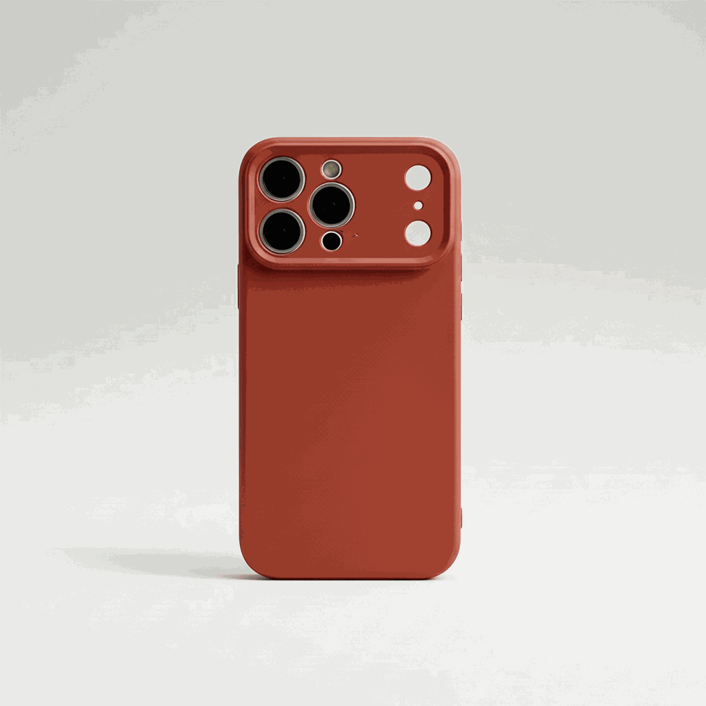 Apple iPhone silicone case in terracotta red with a smooth finish and raised camera protection around multiple lenses