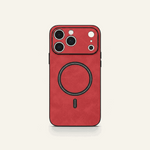Apple iPhone case in red matte textured leather with black MagSafe ring and raised camera cutout